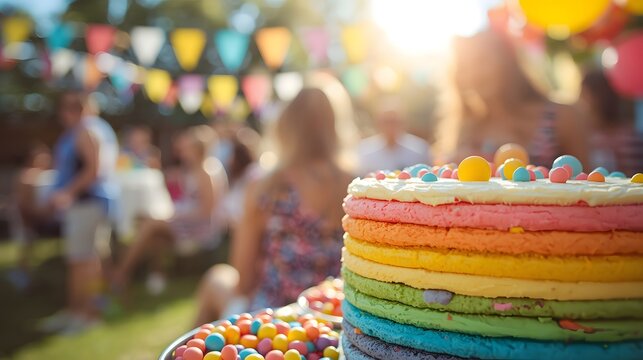 Colorful rainbow layered cake with candies on top at an outdoor summer party celebration, with people, sunlight, and festive decorations creating a joyful vibrant atmosphere