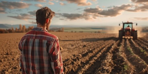 A young man in a red and black plaid shirt standing in a field with a tractor in the background, observing the landscape.