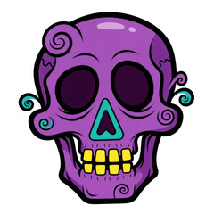 Purple Skull Illustration with Swirling Details and Colorful Accents on Transparent Background