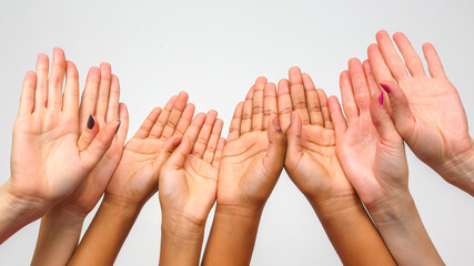 Diverse hands raised in unity showcasing different skin tones and gestures of inclusion
