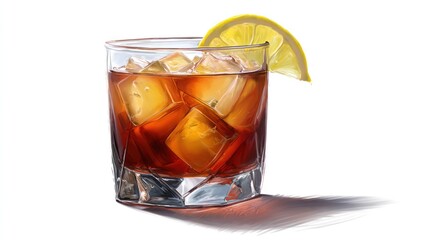 Dark drink in glass, ice, lemon