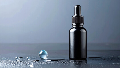 Serene Skincare Essence: A sleek black dropper bottle, elegantly positioned with droplets, hints at luxurious beauty rituals and the promise of radiant skin.