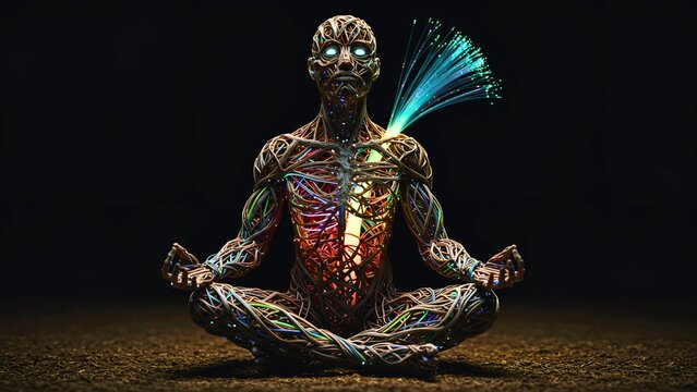 Meditating Humanoid Figure Made of Wires and Fiber Optics, AI Consciousness Concept - Powered by Adobe