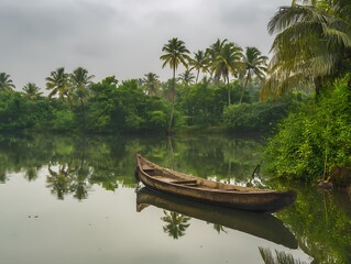 Simple canoe drifts serenely on still water amid lush palms during a misty morning