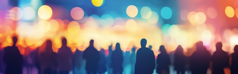 Fototapeta premium Silhouetted crowd against vibrant bokeh lights, abstract urban scene capturing community, energy, and collective experience in dynamic, colorful display