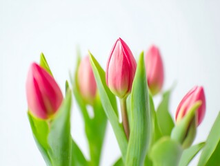 Obraz premium Softly focused pink tulip blooms point upwards amongst vibrant green leaves on a light background