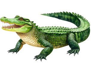 Fototapeta premium Watercolor Crocodile Side Profile with Textured Green Scales, Artistic PNG, transparent