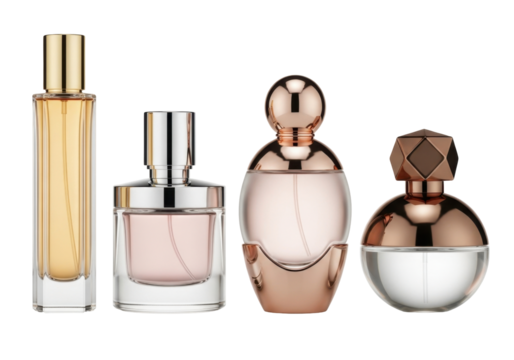 Collection of Elegant Fragrance Bottles on Transparent Background