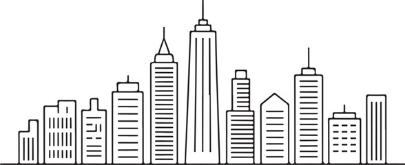 Urban Skyline Outline Vector Illustration Black and White Line Art of Tall City Buildings