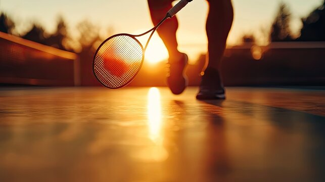 A badminton player in action at sunset, racket and shuttlecock in mid-air.