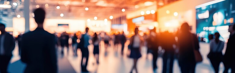 Energetic visual representation of a multitude of individuals in blurred motion, creating a sense of bustling activity within a contemporary indoor venue