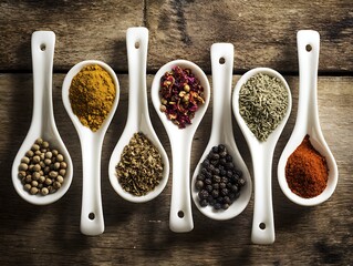 Variety of aromatic spices displayed beautifully on white ceramic spoons over a rustic wood surface