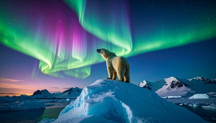 Majestic polar bear on a snow-covered iceberg gazes at the spectacular Aurora Borealis in the arctic night sky.