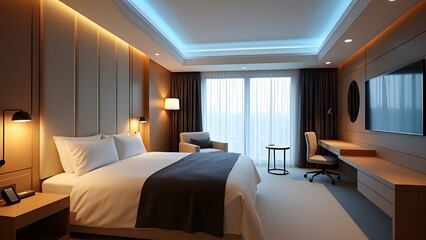 Fototapeta premium Modern hotel bedroom interior with cozy lighting, luxury furniture, and comfortable bed in warm tones