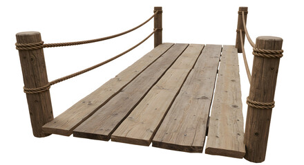 Rustic wooden bridge with rope railing evokes peaceful retreat, serene travel, or adventure