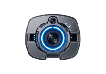 Advanced Robotic Camera With Circular Lens And Blue Glow On Transparent Background