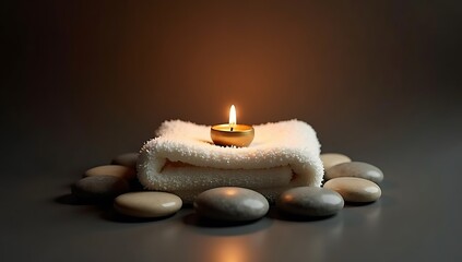 A single folded towel with a small candle on top, surrounded by smooth spa stones, dark background with warm spotlight.
