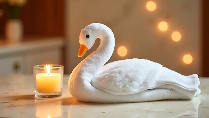 Obraz premium A neatly folded towel shaped into a swan with a glowing candle beside it, soft bokeh lights in the background, luxury spa interior. 