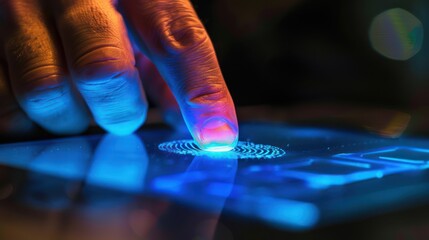 A hand touching a digital screen with a glowing fingerprint scanner on a dark background.