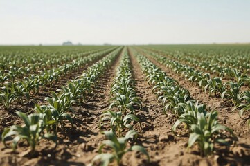 Young plants growing in field, sunny day, agriculture, rural landscape
