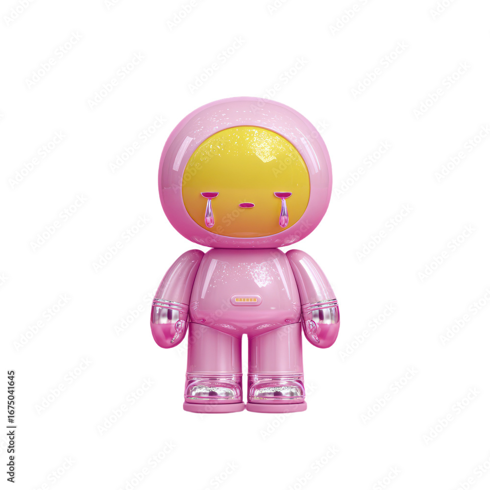 Poster a glossy pink robot character with a yellow face and sparkling tears displaying a low battery icon