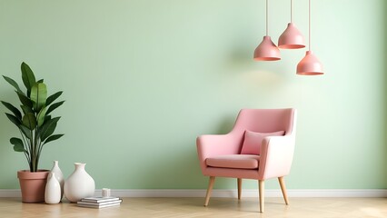 Minimalist pastel living room with pink armchair pendant lights wooden floor and modern interior decoration
