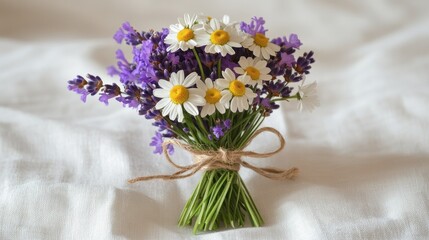 Obraz premium Charming Bouquet of Lavender and Daisies on Soft White Background