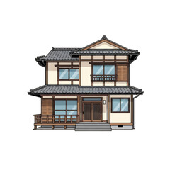 Two-Story Traditional Japanese House with Wooden Balcony and Shingle Roof