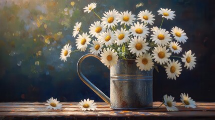 Charming Vintage Metal Watering Can with White Daisies Arrangement
