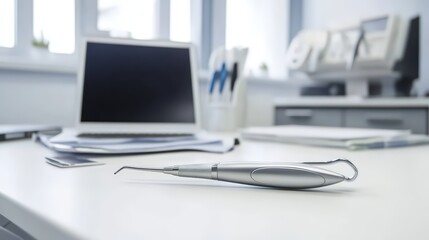 A sterile dental probe lies on a white desk in a modern dentist's office, symbolizing professional oral healthcare and stomatology