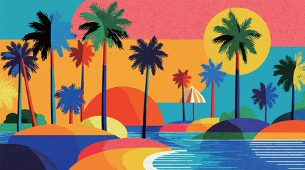 A lively tropical landscape showcases a myriad of palm trees under a colorful sunset. The sky features vivid oranges, pinks, and blues while the gentle water reflects the scenery.