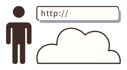 Person icon with cloud outline and an empty browser URL bar. Ideal for technology, internet, data storage, cloud computing, browsing, human connection, and digital communication. Simple flat metaphor