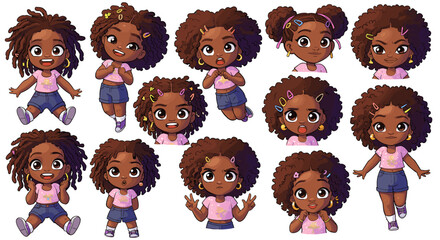 Cute Animated Black Girl Chibi Character Collection With Various Hairstyles and Expressions