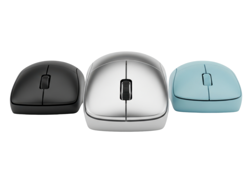 Collection of Wireless Computer Mice in Silver, Black, and Blue on Transparent Background