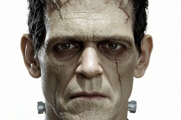 Frankenstein's monster close-up portrait, studio shot, white background, horror