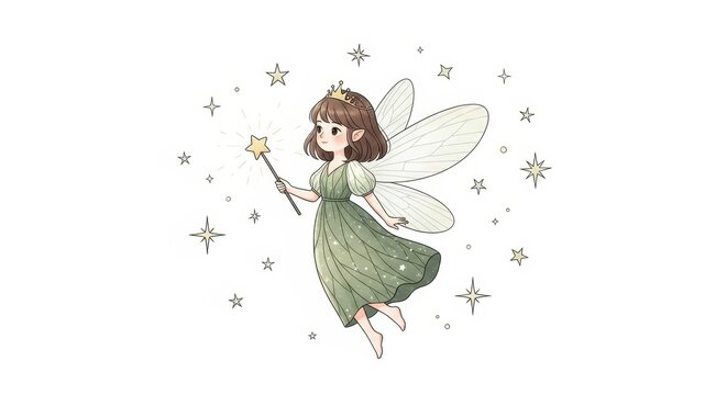 Whimsical illustration of a cute fairy princess with a crown and magic wand surrounded by twinkling starlight