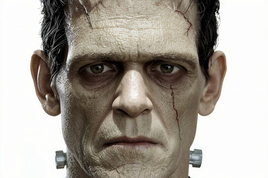 Frankenstein's monster close-up portrait, studio shot, white background, horror