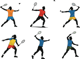 Colorful silhouettes of men and women playing badminton, racket sport, active lifestyle, outdoor fitness, athletic movement, recreation, exercise, competition, teamwork.