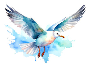 Obraz premium Artistic Watercolor Seagull Flying with Soft Brush Strokes, Isolated PNG
