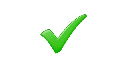 Vibrant 3D green checkmark symbol, glossy and stylized, representing approval, success, and task completion on an isolated white background