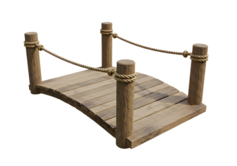 Charming wooden bridge with rope detailing, perfect for serene garden or lakeside scenes
