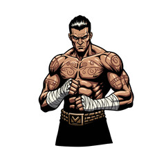 Obraz premium Tattooed Fighter Ready for Combat with Intense Expression and Wrapped Fists