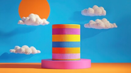 Colorful Striped Cylinder On Pink Base In Cartoon - Style Sky Scene