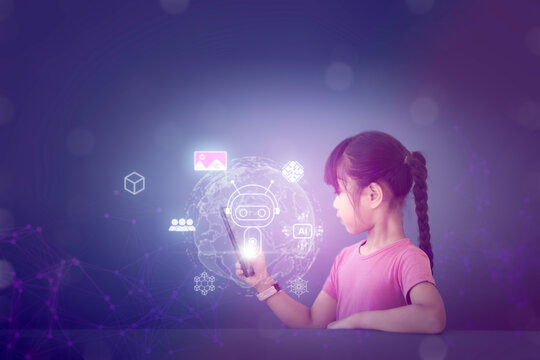 Girl holding smartphone in hand, looking at spherical hologram of the world with glowing icons. Hologram HUD, virtual world connection, nft and online games. Metaverse and technology concept.
