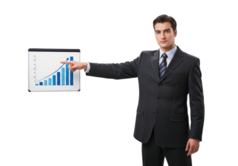 Businessman in Suit Pointing at Growth Chart During Presentation with Transparent Background