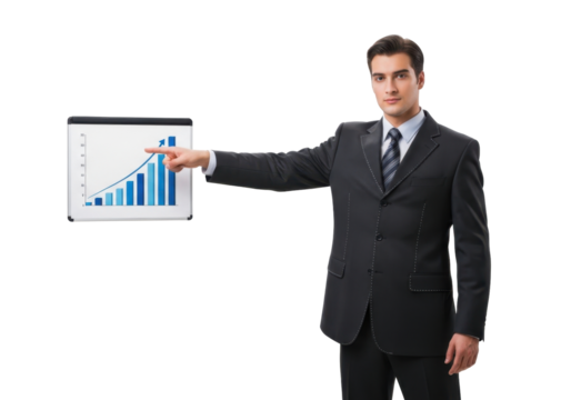 Businessman in Suit Pointing at Growth Chart During Presentation with Transparent Background