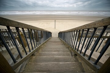 Obraz premium Wooden Stairs Leading To Beach On Cloudy Day