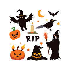 Halloween design elements. Witch hat, broom, pumpkin, ghost, bat, candle, pumpkin. Vector illustration.