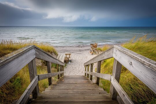 Wooden Stairs Leading To Calm Beach Scene - Powered by Adobe