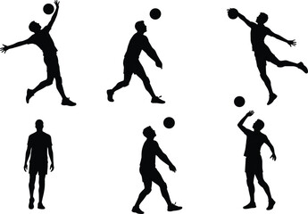 Silhouettes of volleyball players jumping, serving, passing, and playing indoors, active sports, team game, volleyball action, athletic motion, recreation.